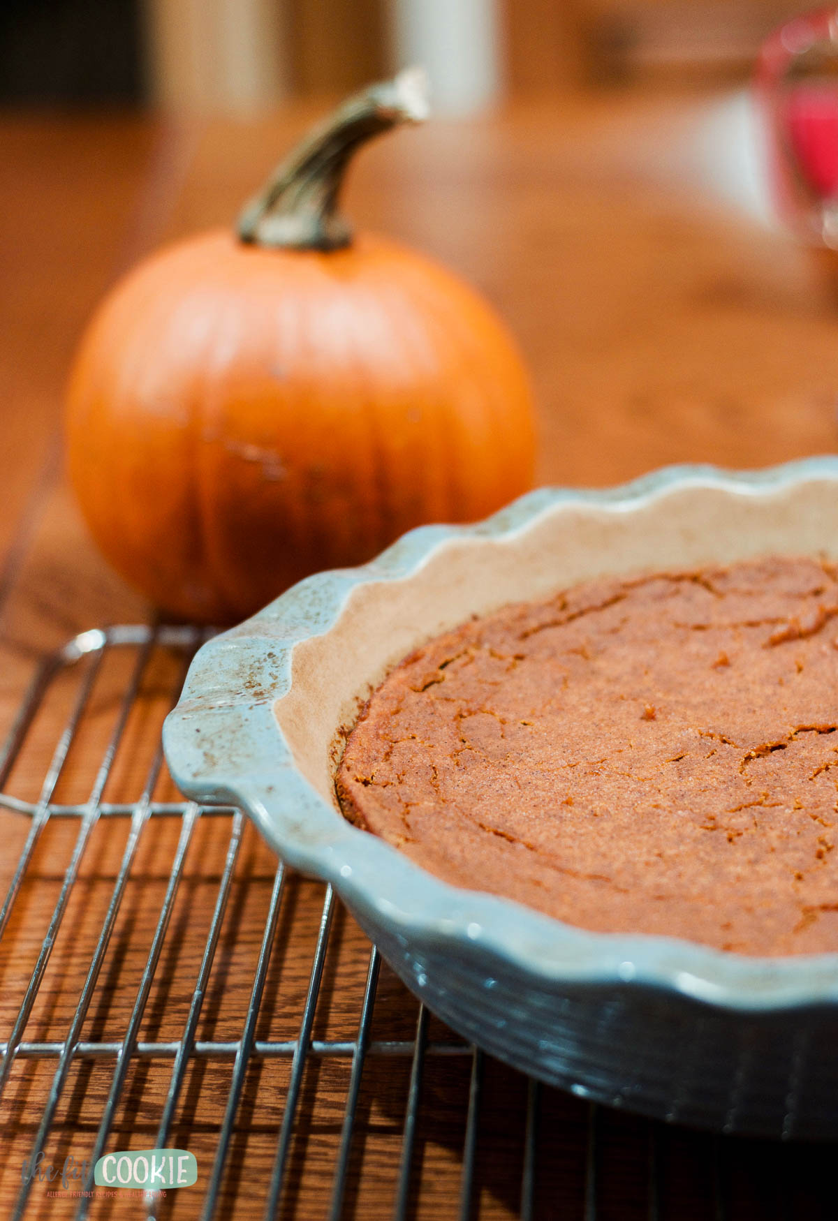 A crustless pumpkin pie in a ceramic dish sits on a cooling rack, with a whole pumpkin in the background on a wooden surface.