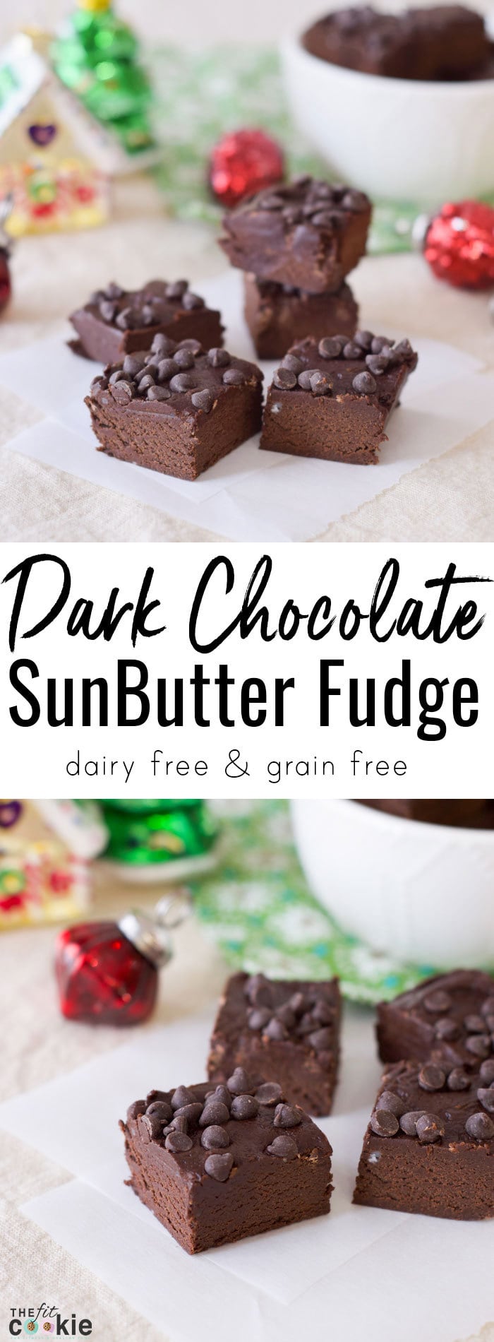 Create some Christmas memories with this allergy-friendly Dark Chocolate SunButter Fudge! It's no-cook, dairy free, and super easy to make - @TheFitCookie #dairyfree #chocolate #grainfree