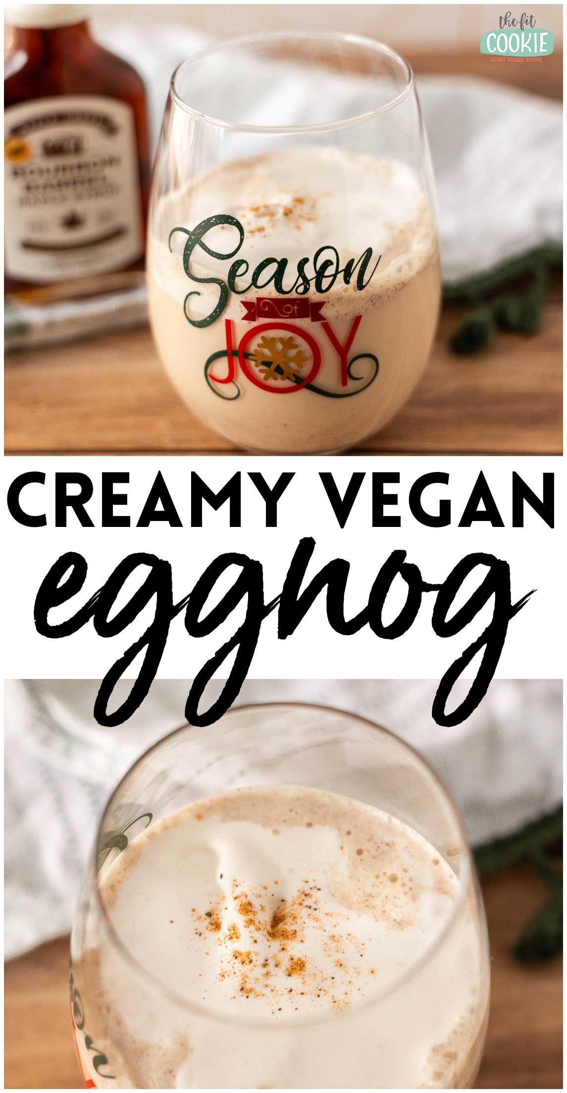photo collage of 2 photos of creamy vegan eggnog. 
