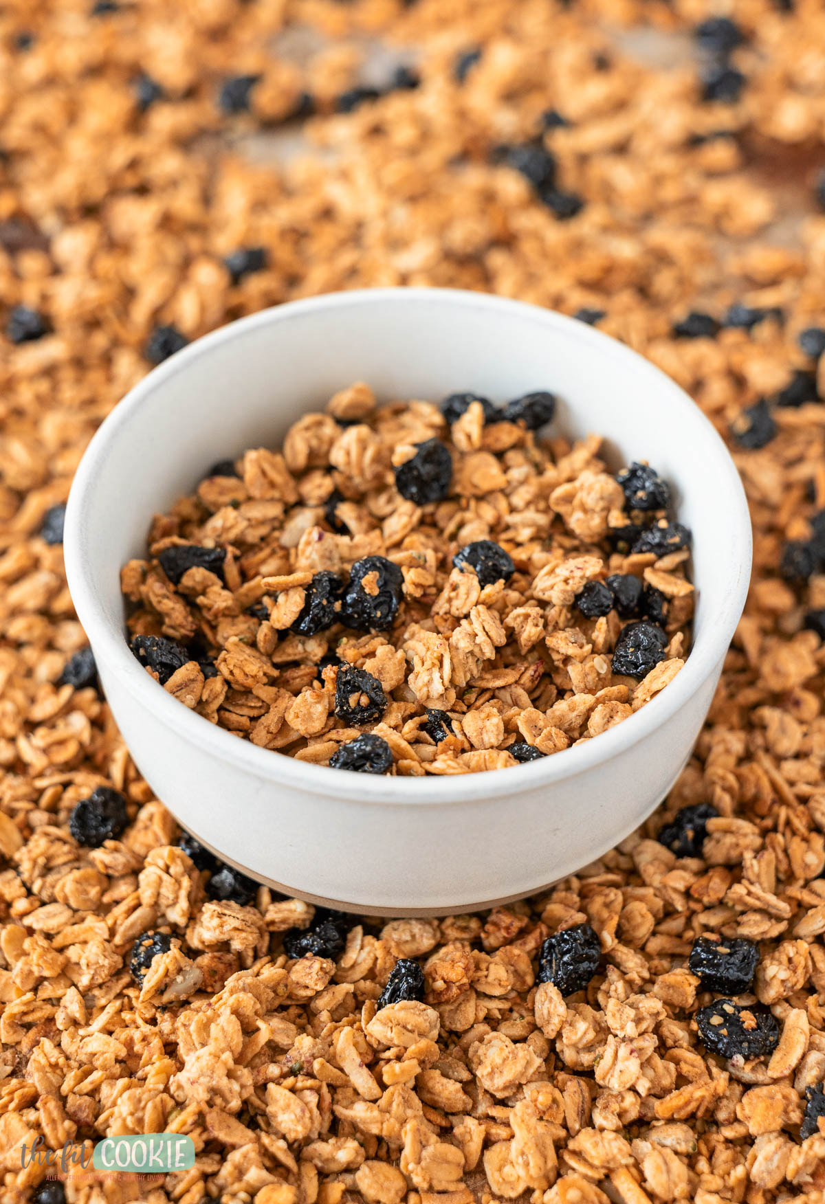 A white bowl filled with maple sunbutter granola and dried blueberries sits on a surface scattered with more granola and dried blueberries.