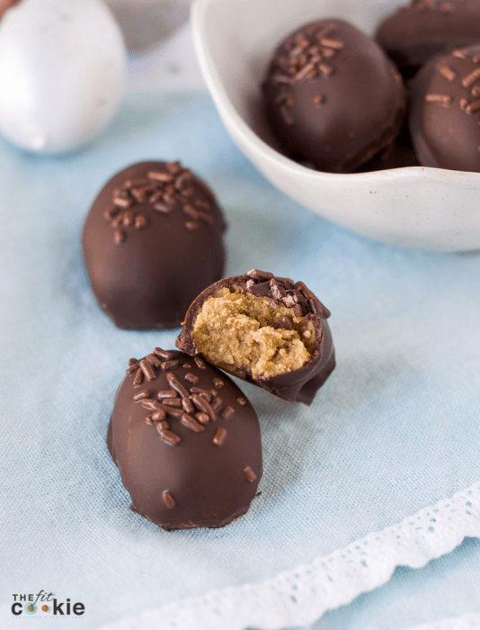 Make some homemade allergy friendly Easter candy that is peanut free, gluten free, and dairy free with this delicious Chocolate SunButter Egg recipe! They are soy free and vegan too - @TheFitCookie #peanutfree #Easter #glutenfree #vegan