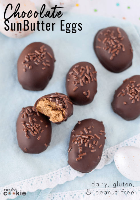 Make some homemade allergy friendly Easter candy that is peanut free, gluten free, and dairy free with this delicious Chocolate SunButter Egg recipe! They are soy free and vegan too - @TheFitCookie #peanutfree #Easter #glutenfree #vegan