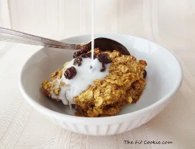 small photo of baked oatmeal with raisins and almondmilk