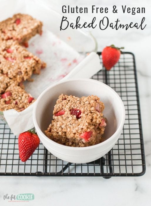 photo of baked oatmeal in a white bowl with text overlay