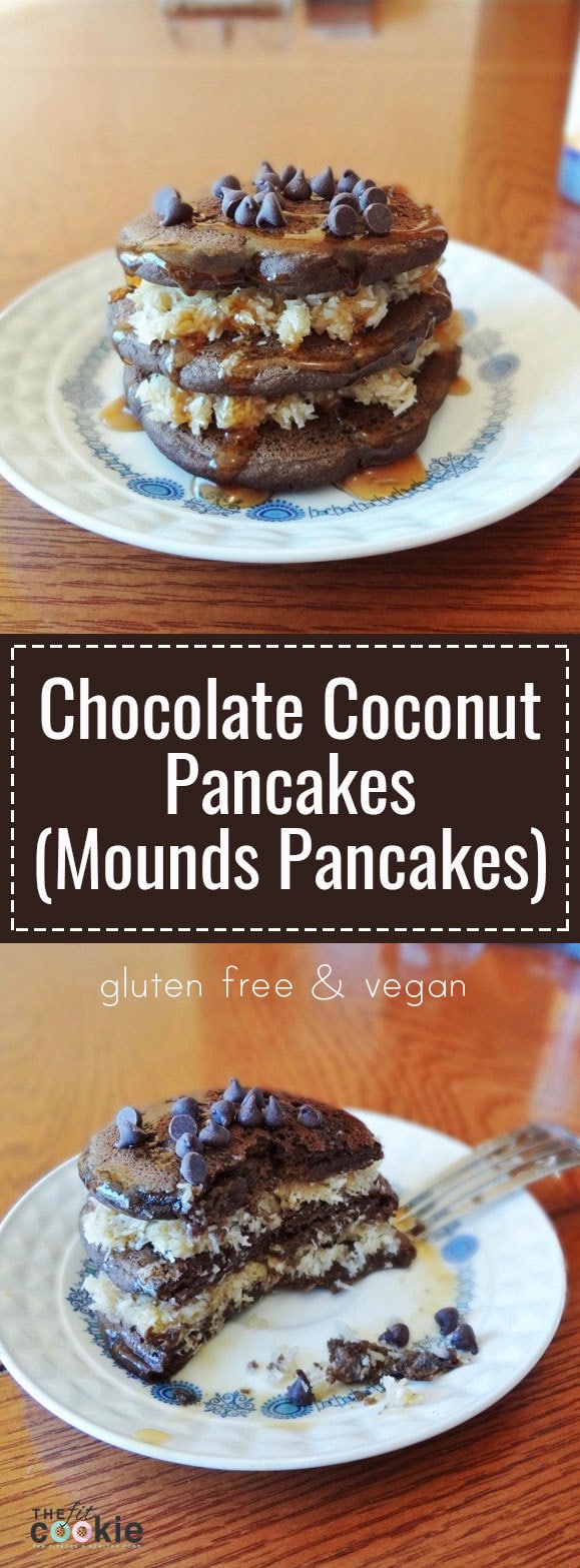 These Chocolate Coconut Pancakes (aka Mounds Pancakes) only look sinful: they're whole grain, natural, gluten free, and vegan. - @TheFitCookie #glutenfree #vegan