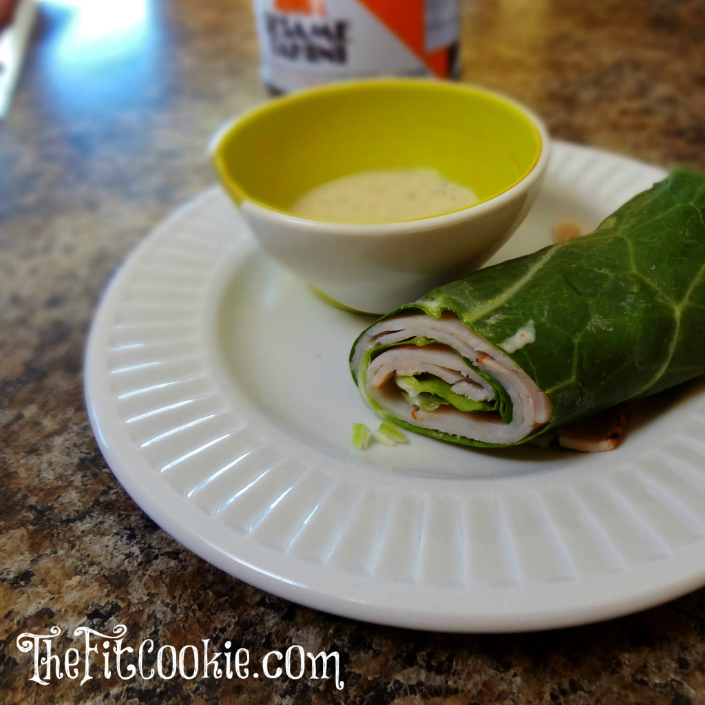 Skipping the bread? No problem! Make these easy paleo Turkey Collard Wraps with Tahini Basil Ranch Dressing instead of a sandwich! - @TheFitCookie #paleo #lunch #healthy