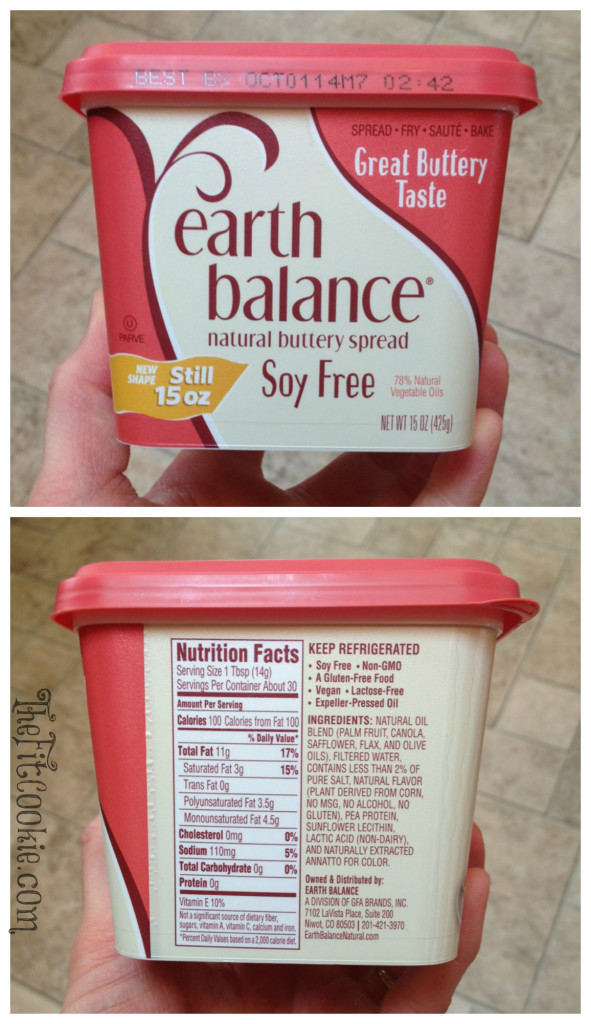 Photo of front and back label of Earth Balance Soy-Free Margarine (unhydrogenated and non-GMO) 