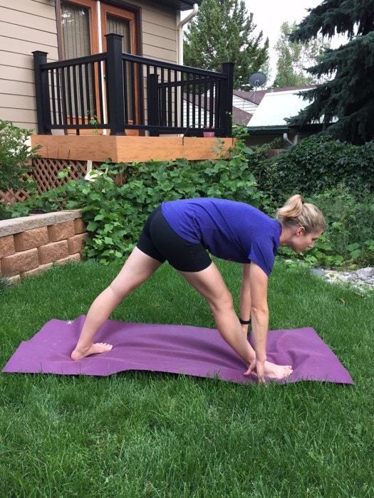 Pyramid pose. Yoga is amazing for opening tight hips, but can also be problematic if you have joint problems. Here are some tips for safely doing yoga with FAI hip impingement - @TheFitCookie #fitness #yoga 