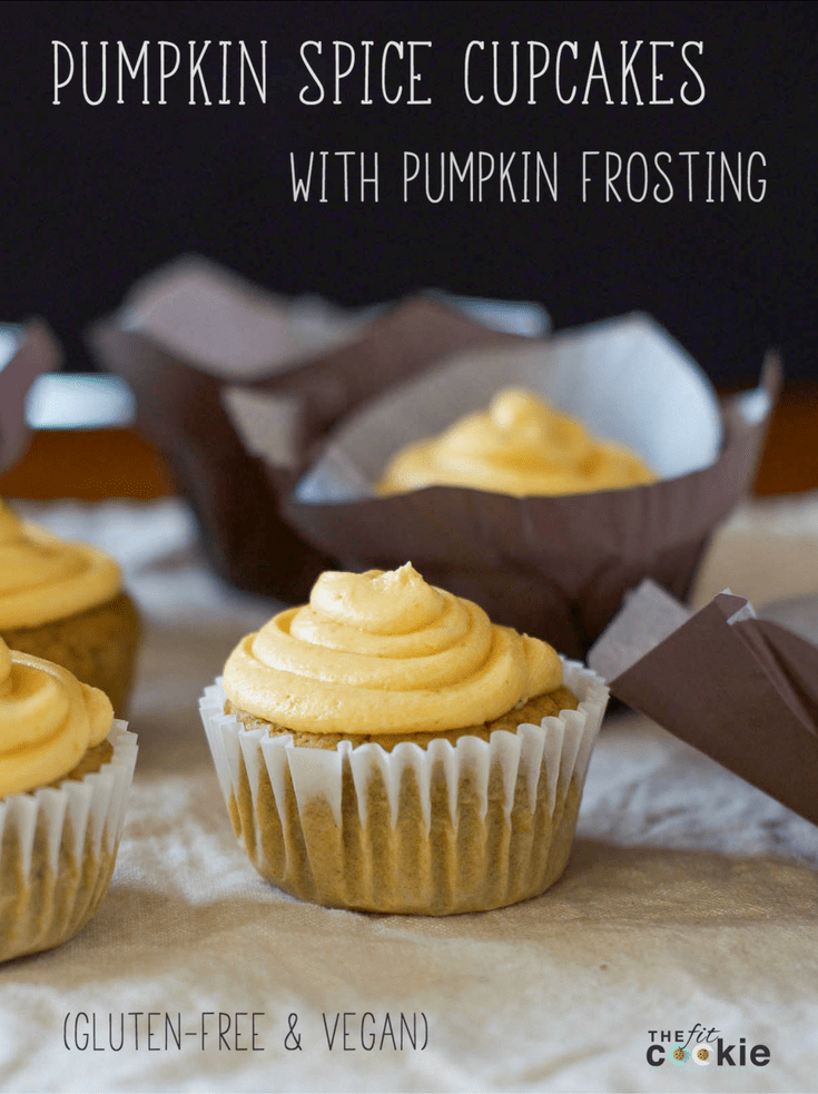 Celebrate fall with some pumpkin cupcakes! These Pumpkin Spice Cupcakes with Pumpkin Buttercream Frosting are gluten free, dairy free, vegan, and nut free. They are an easy and allergy friendly way to add pumpkin spice to your dessert menu - @TheFitCookie #glutenfree #dairyfree #vegan #pumpkin 