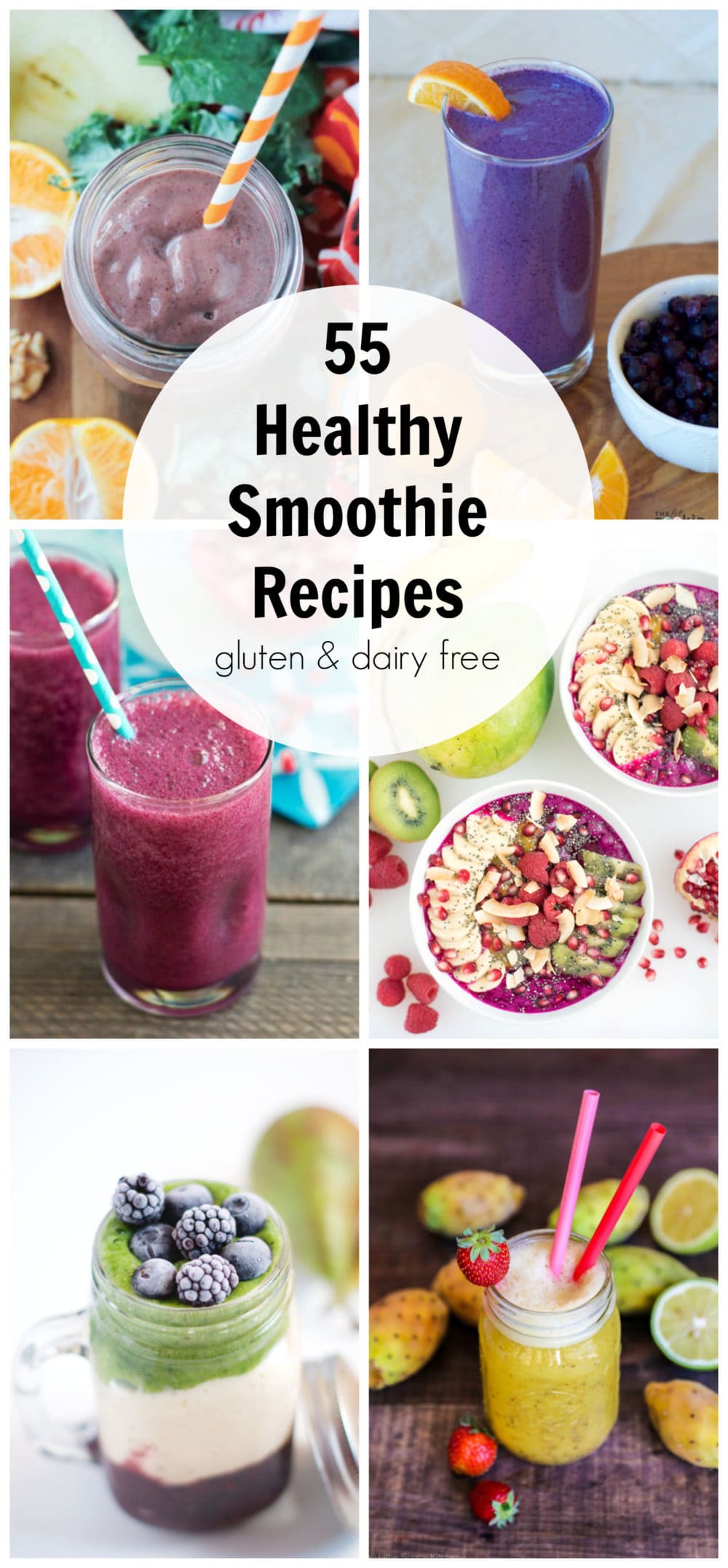 healthy smoothie photo collage of various dairy free smoothies with text overlay