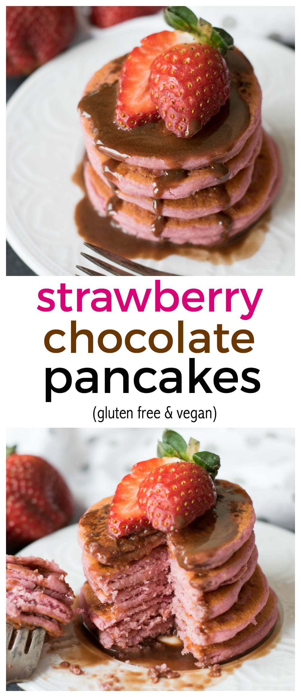 Strawberry Chocolate Pancakes naturally colored - no fake red dyes! (#GlutenFree & #Vegan) - @TheFitCookie #foodbloggenius