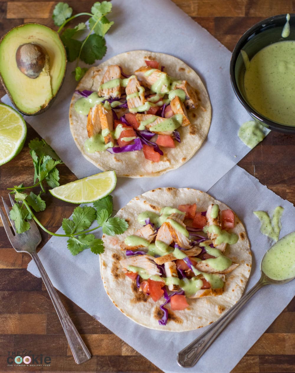 These Grilled Chicken Tacos with Cilantro Crema make a quick, healthy, and allergy-friendly weeknight meal if you use leftover grilled chicken! These are gluten-free, dairy-free, and nut-free, simple, and AMAZING! | thefitcookie.com #dairyfree #glutenfree #tacos