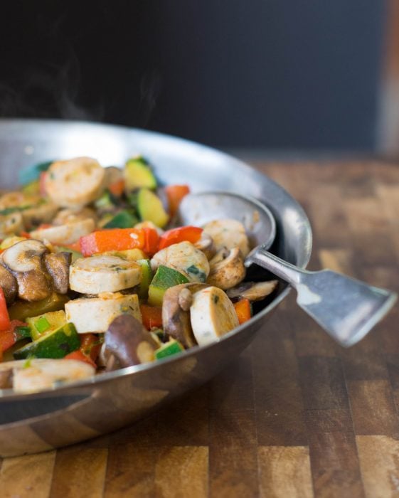 Make this one-pot dinner in under 30-minutes: Easy Sausage and Vegetable Sauté. It's healthy, grain free, gluten free, and dairy free! | thefitcookie.com #grainfree #dairyfree #healthy 
