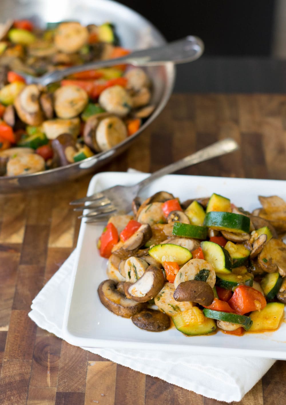 Make this one-pot dinner in under 30-minutes: Easy Sausage and Vegetable Sauté. It's healthy, grain free, gluten free, and dairy free! | thefitcookie.com #grainfree #dairyfree #healthy 