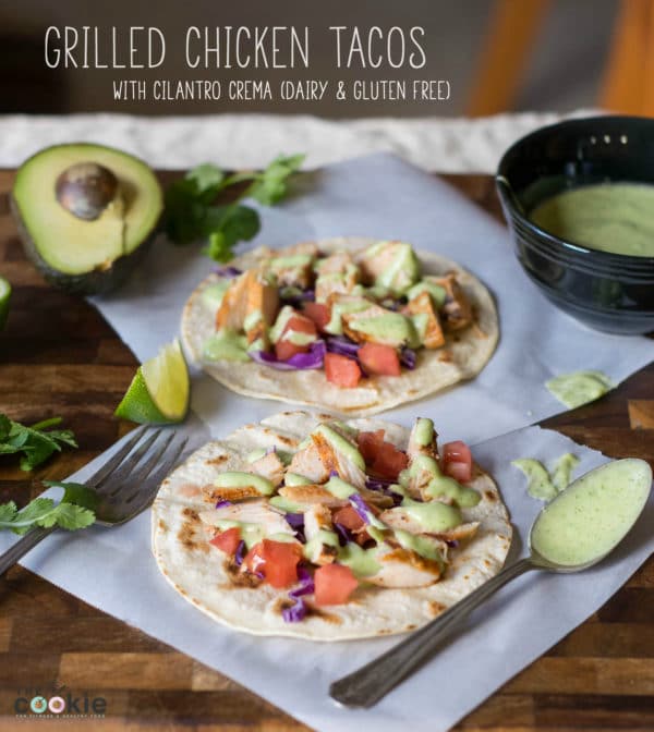 These Grilled Chicken Tacos with Cilantro Crema make a quick, healthy, and allergy-friendly weeknight meal if you use leftover grilled chicken! These are gluten-free, dairy-free, and nut-free, simple, and AMAZING! | thefitcookie.com #dairyfree #glutenfree #tacos