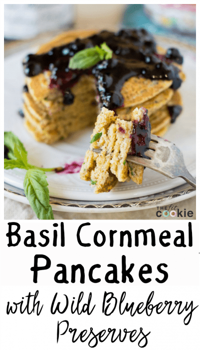 Looking for some fresh breakfast and brunch ideas? Make some Basil Cornmeal Pancakes with Wild Blueberry Preserves! The flavors blend beautifully in these gluten-free and vegan cornmeal pancakes - @TheFitCookie #AD @BonneMamanUS #BonneMaman #SayItWithHomemade