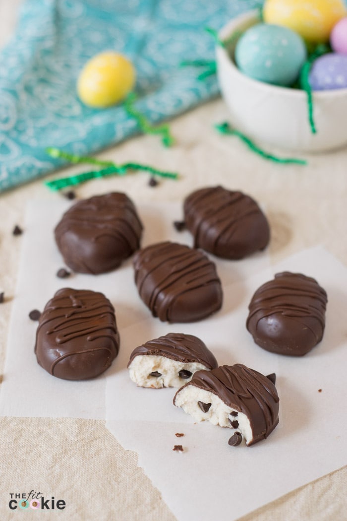 dairy free chocolate cookie dough eggs with chocolate chips. 