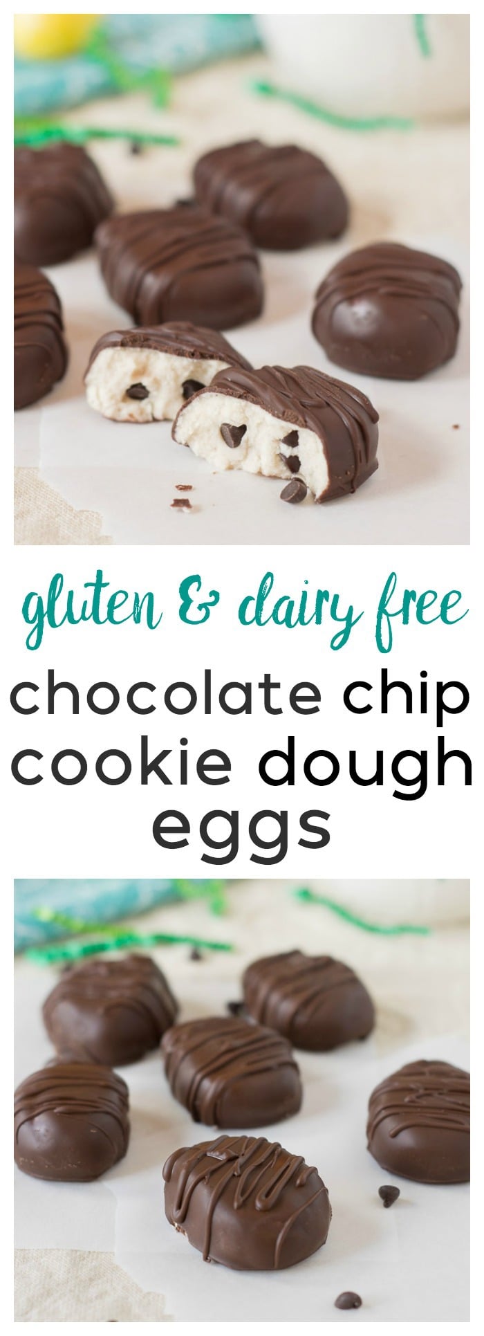 photo collage with text showing chocolate covered cookie dough eggs for Easter. 
