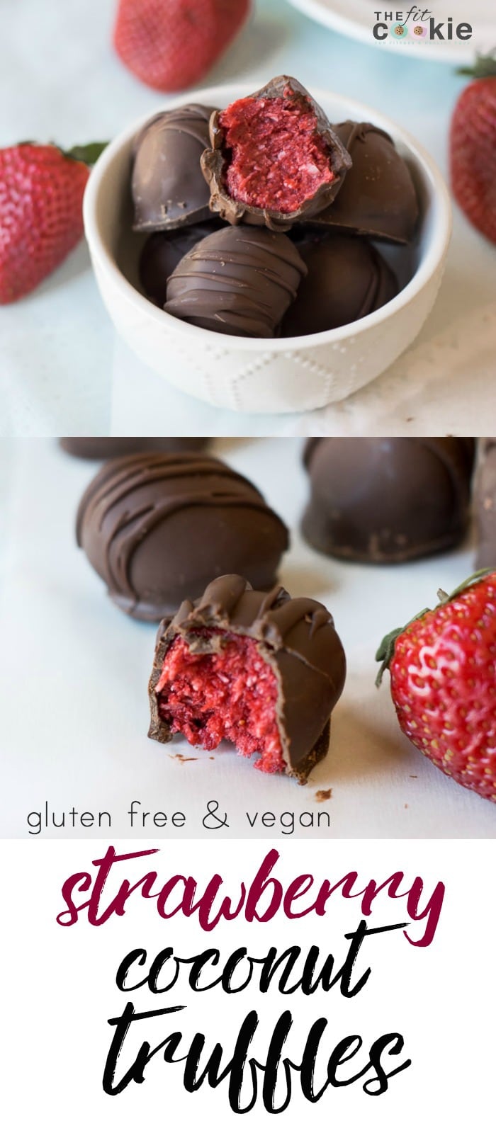 These Strawberry Coconut Truffles have the perfect ratio of chocolate and strawberry filling, and they make a beautiful homemade gift. The filling is made with simple and allergy-friendly ingredients so they are gluten-free and vegan, and fit many special diets. But everyone can enjoy these treats even if they don't have food allergies! - TheFitCookie.com