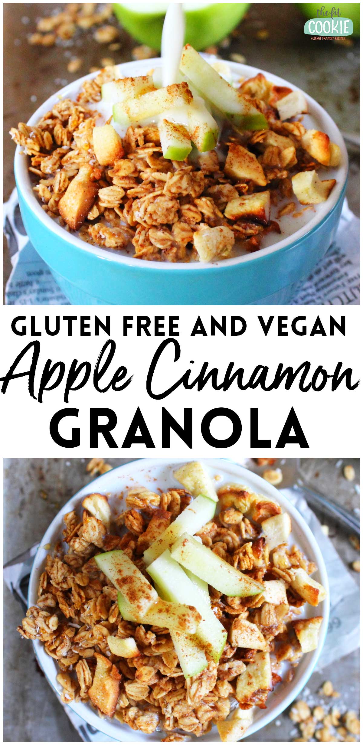 A bowl of apple cinnamon granola topped with fresh apple slices and milk is shown, labeled as gluten free and vegan.