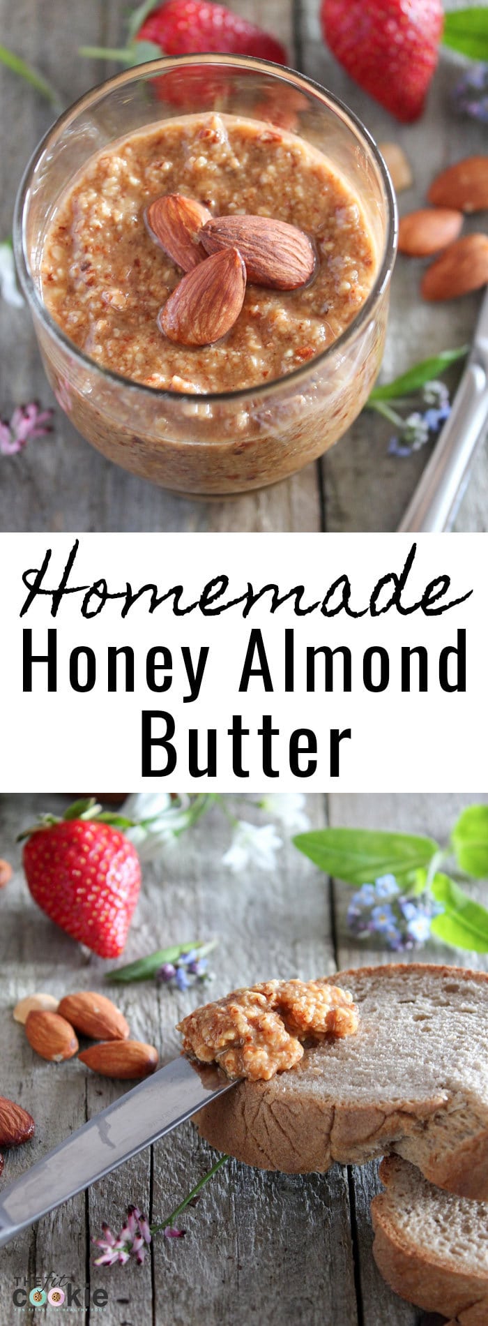 Step aside, peanut butter, this Homemade Honey Almond Butter is perfectly delicious! Crunchy, salted, roasted almond spread made with a sweet hint of honey, and it's naturally gluten free and paleo - @TheFitCookie #recipe #paleo #glutenfree
