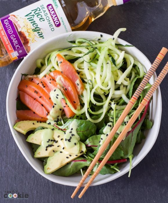 If your goal is to eat better and make healthy food swaps, than this Smoked Salmon Salad with Garlic Rice Vinegar Dressing is for you! This salad is like a delicious sushi bowl filled with healthy fats and veggies, and it's gluten and dairy free - #AD @TheFitCookie #NAKANONewYear #NewYearSwaps #IC #glutenfree #dairyfree