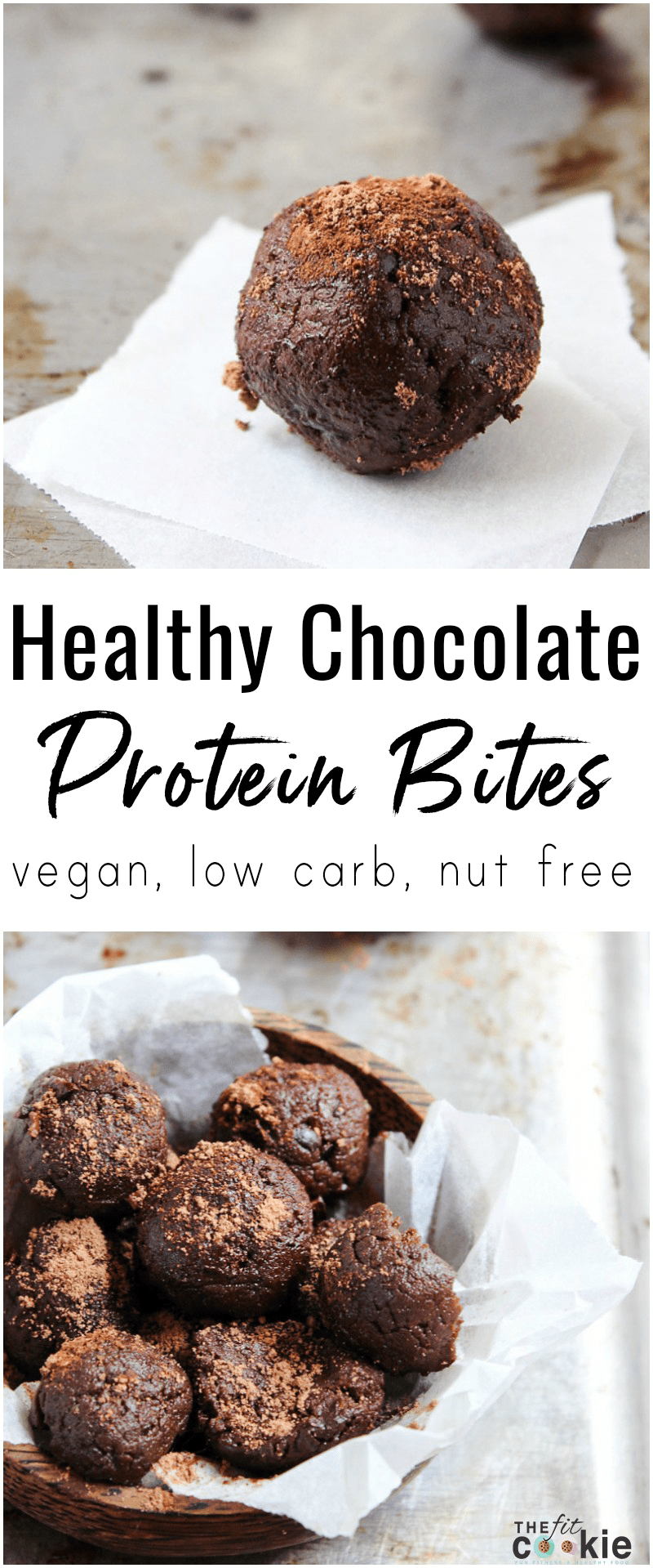 These Healthy Chocolate Protein Bites have a secret ingredient that makes them creamy! They are smooth, low carb, fudgy chocolate treats made with protein powder and healthy fats to keep the chocolate cravings at bay | thefitcookie.com #vegan #protein #lowcarb #chocolate