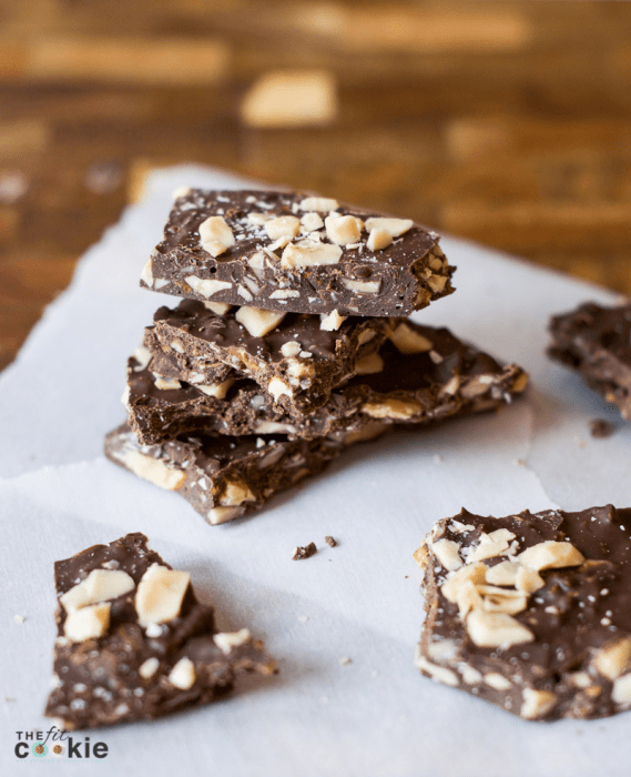 Skip the store bought candy bars and make some dairy free and vegan Almond Toffee Coffee Chocolate Bark at home instead! This recipe is also gluten free and has a nut-free option - @TheFitCookie #chocolate #glutenfree #vegan #dairyfree