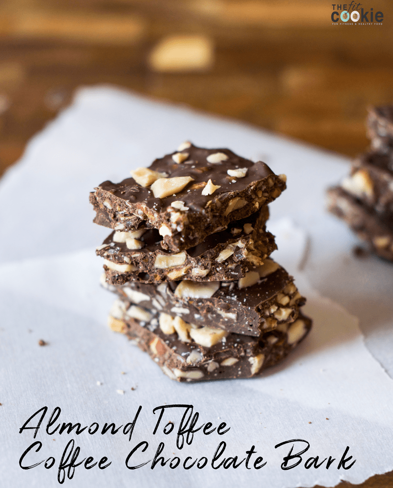 Skip the store bought candy bars and make some dairy free and vegan Almond Toffee Coffee Chocolate Bark at home instead! This recipe is also gluten free and has a nut-free option - @TheFitCookie #chocolate #glutenfree #vegan #dairyfree