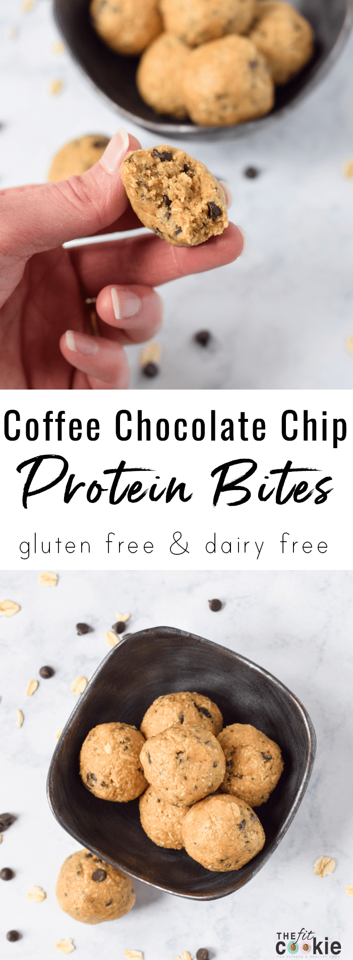 These Coffee Chocolate Chip Protein Bites only taste indulgent, but they are actually healthy! These bites are gluten free and dairy free with a nut-free option, and they have a bit of protein and coffee to power you through your day - @TheFitCookie #glutenfree #dairyfree #protein 