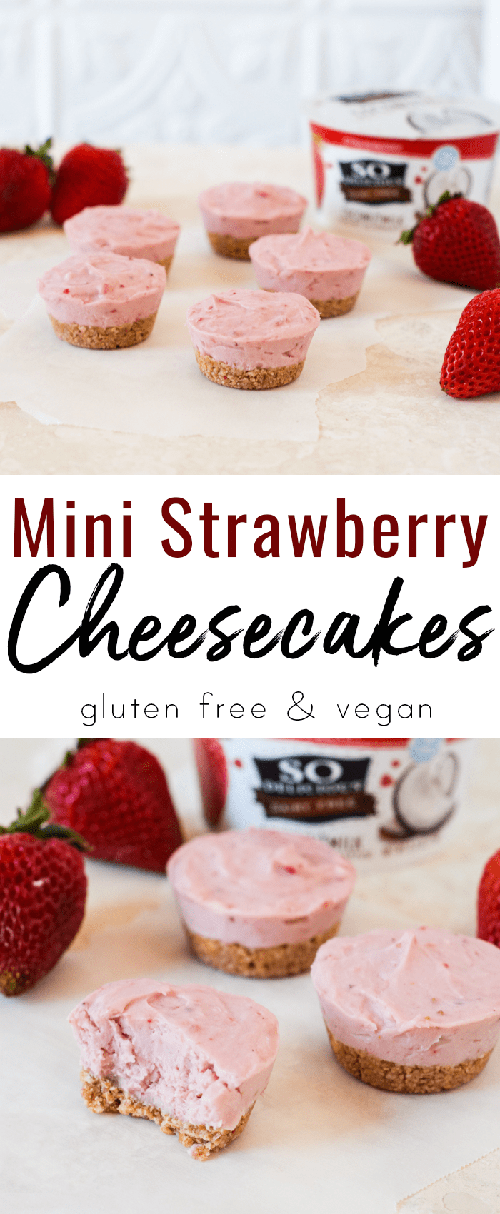 image collage of gluten free vegan mini strawberry cheesecakes on parchment paper