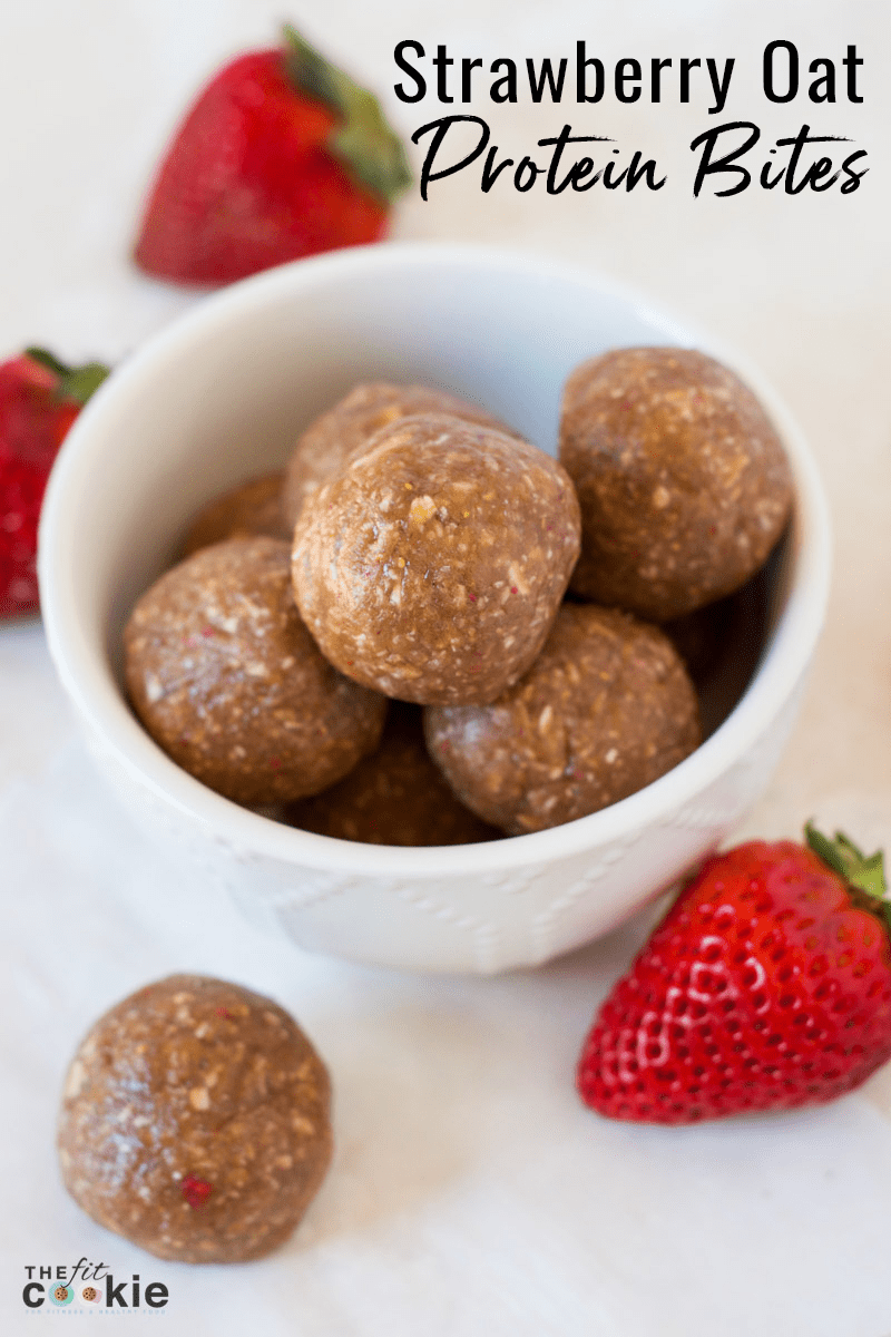 white bowl filled with gluten free strawberry oat protein bites