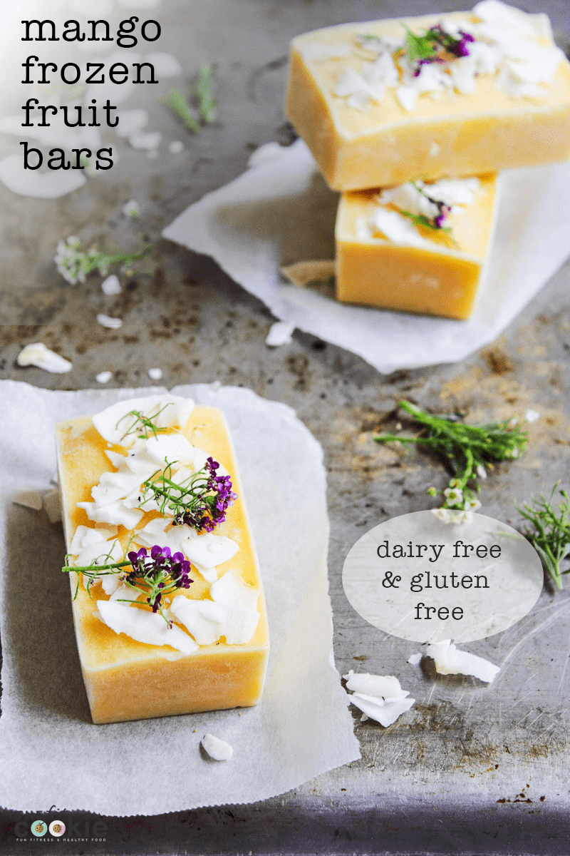 image of dairy free mango frozen fruit bars with text overlay 