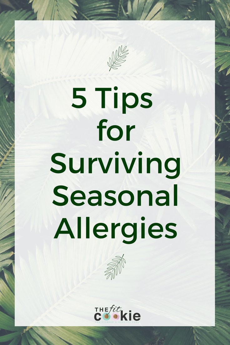 image of palm leaves with text overlay saying "5 tips for surviving seasonal allergies"