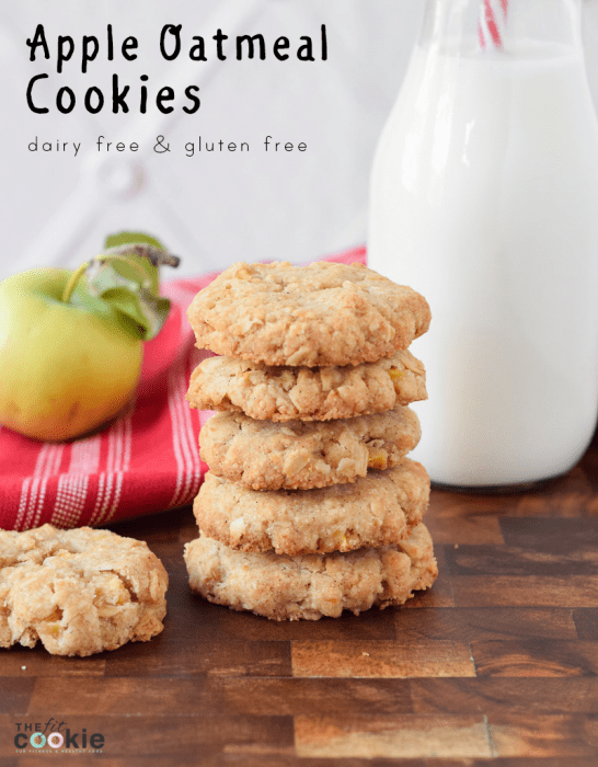 stack of gluten free dairy free apple oatmeal cookies with text overlay