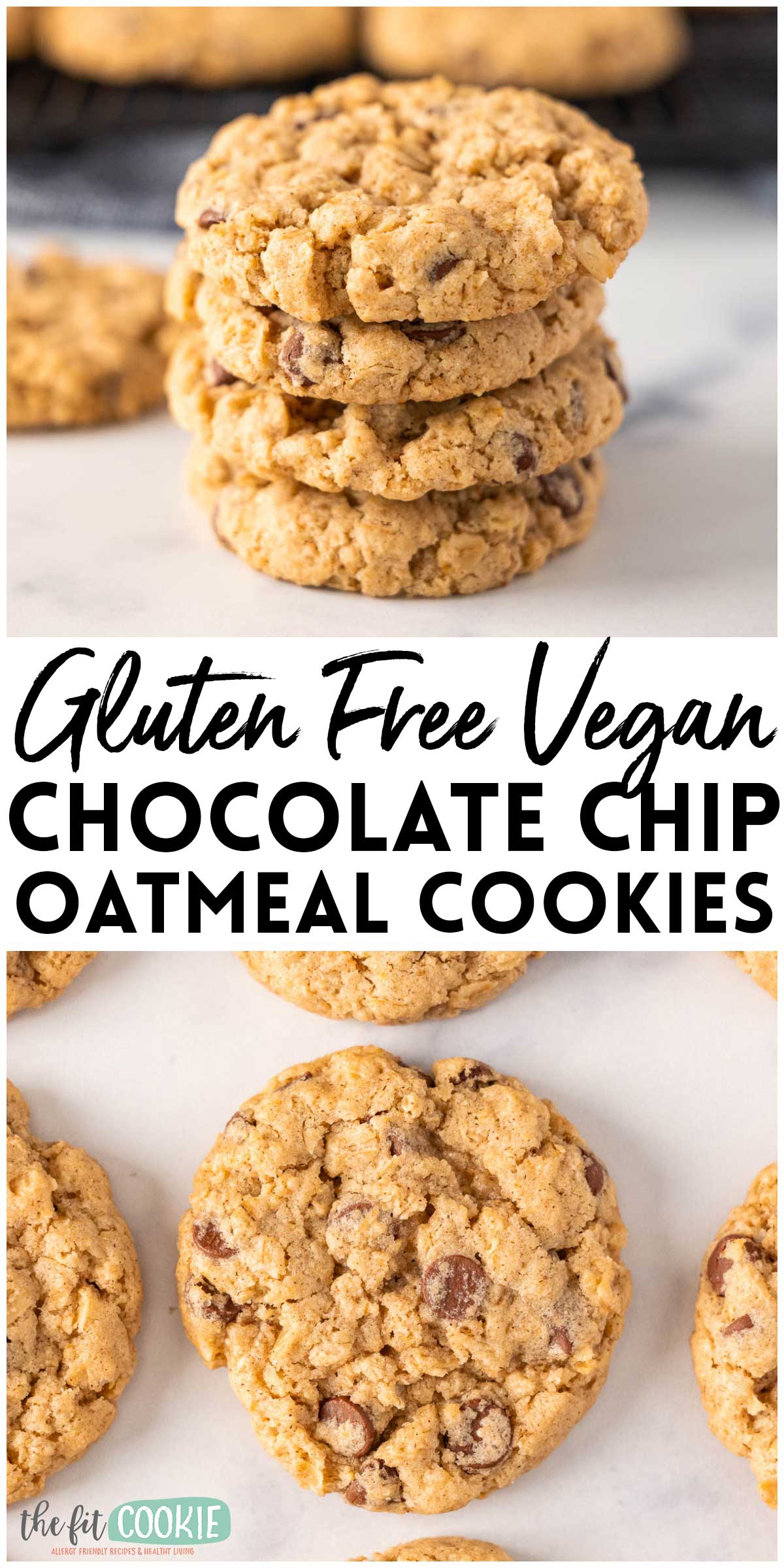 A stack and single oatmeal chocolate chip cookies. Text overlay says "gluten free vegan chocolate chip oatmeal cookies". 