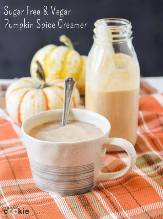 sugar free and vegan pumpkin spice creamer in a bottle and in a cup of coffee