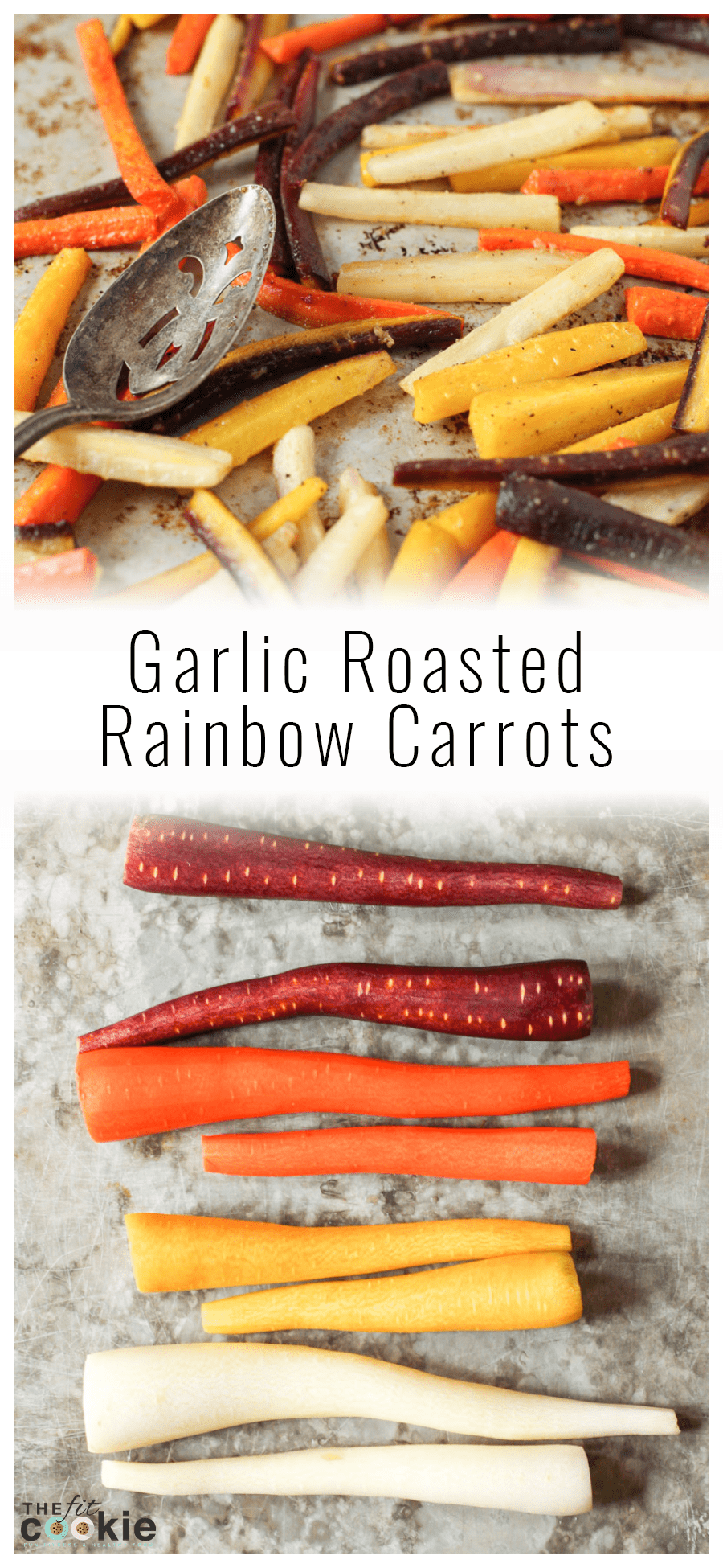 image collage of roasted rainbow carrots on a baking sheet