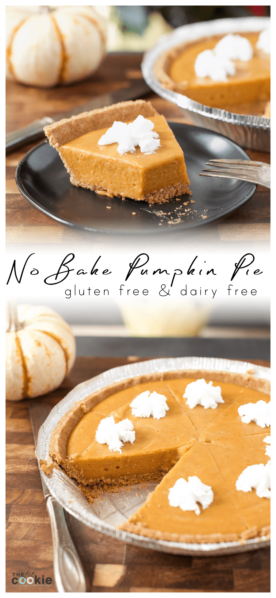 image collage of no bake dairy free pumpkin pie on a graham crust