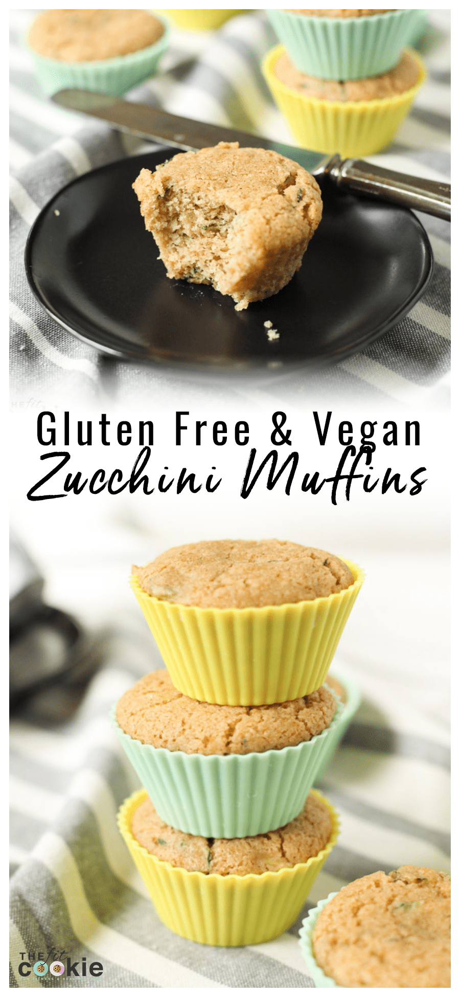 image collage of vegan zucchini muffins on a black plate with a bite removed