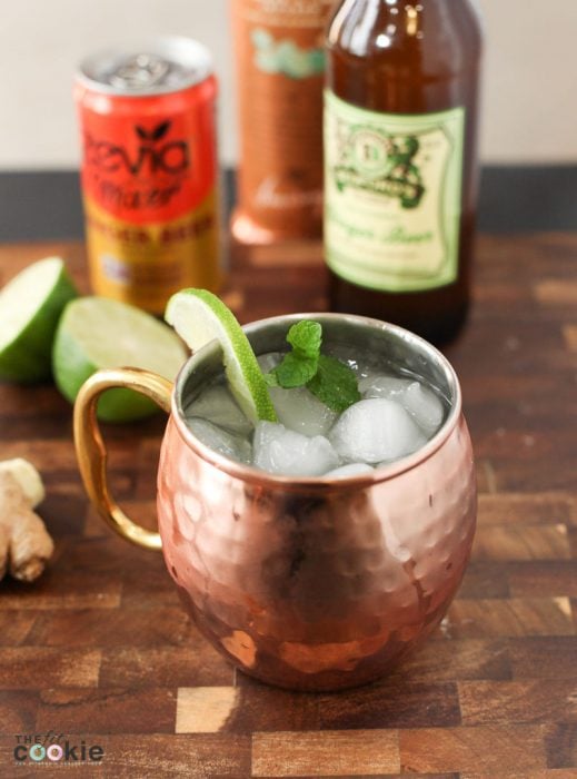 healthier and lower sugar moscow mule in a copper mug with ice