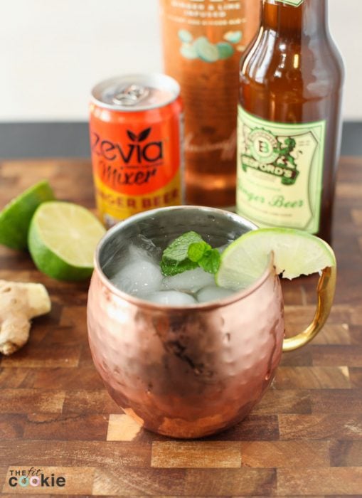 lower sugar and healthier moscow mule in a copper mug with a lime slice 