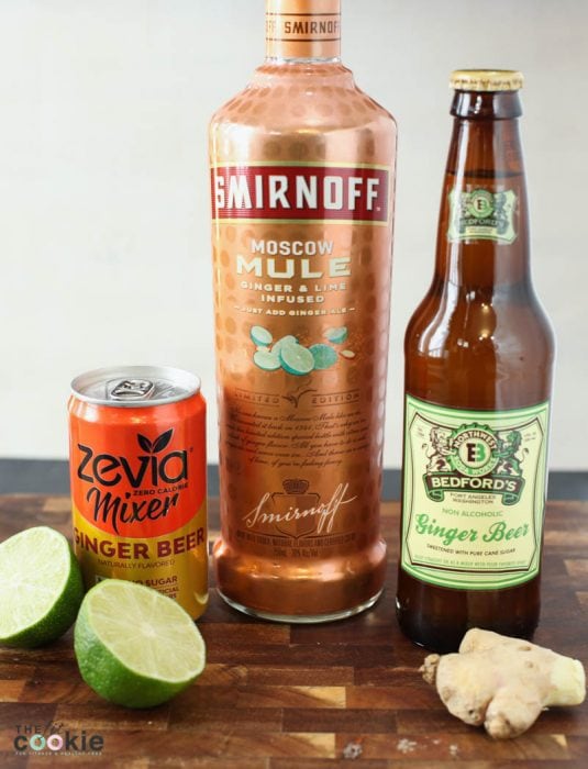 Zevia mixer ginger beer, Smirnoff moscow mule vodka, and Bedfords ginger beer: ingredients for lower sugar moscow mule