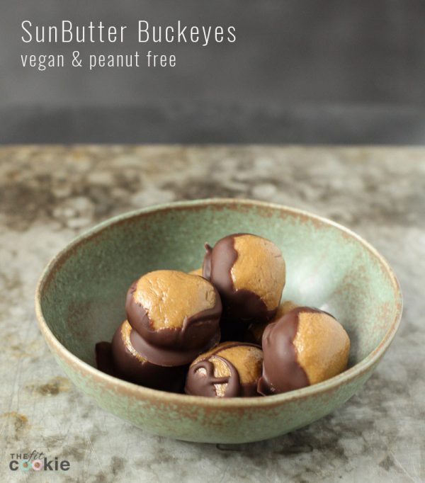 If you have food allergies, don't miss out on treats! You won't miss the PB with these peanut free SunButter Buckeyes (plus they're gluten free and vegan!) - @TheFitCookie #glutenfree #peanutfree #vegan