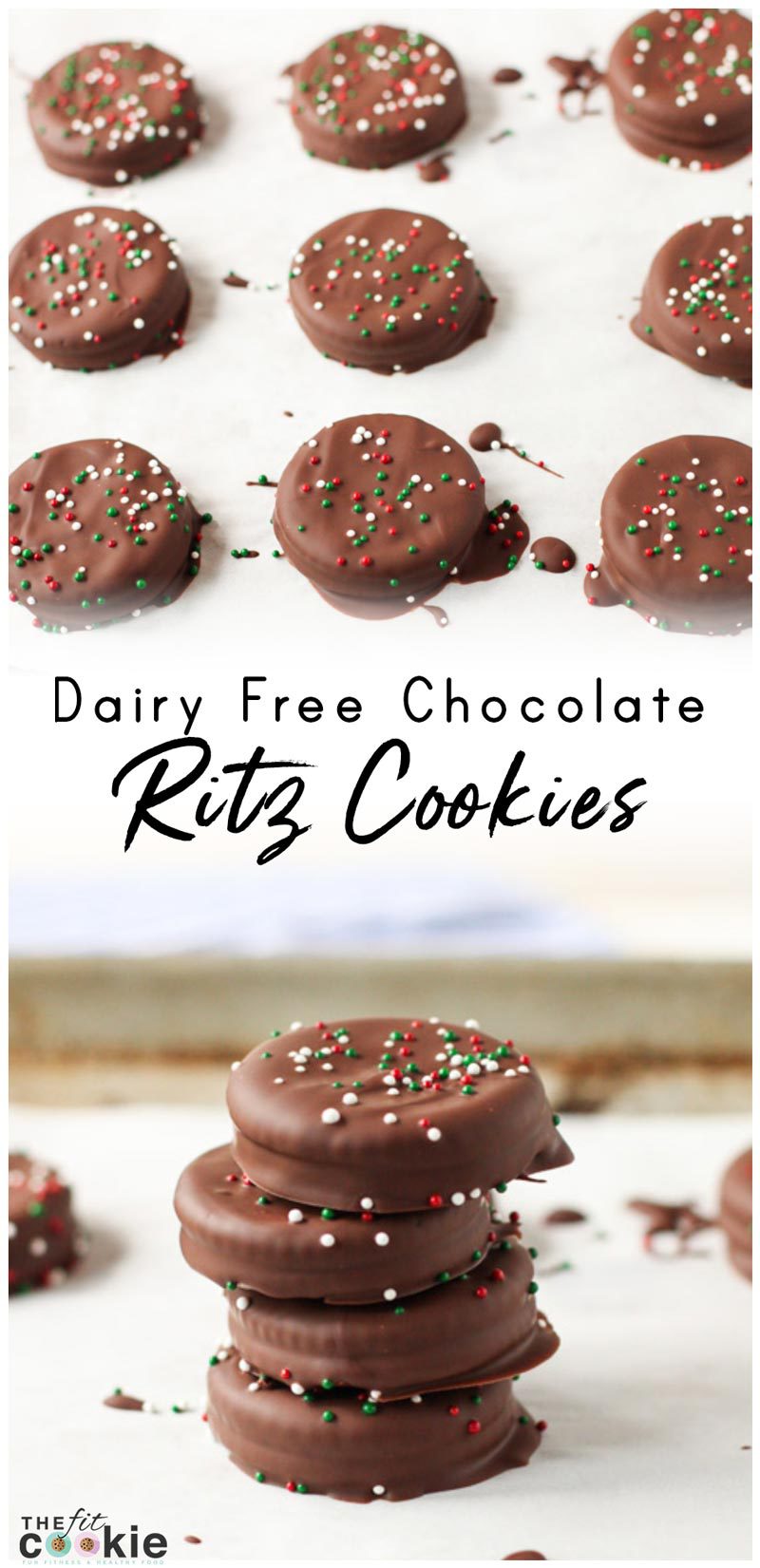 Image collage of dairy free chocolate ritz cookies with christmas sprinkles