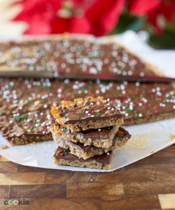 These Gluten Free Holiday Toffee Squares are easier to make than stovetop candy, and they are dairy free! My kids call this recipe "cheater toffee" since it's so easy to make and tastes like toffee - @TheFitCookie #holiday #dessert #dairyfree #glutenfree 