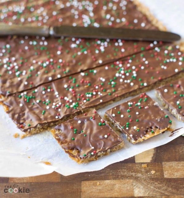 These Gluten Free Holiday Toffee Squares are easier to make than stovetop candy, and they are dairy free! My kids call this recipe "cheater toffee" since it's so easy to make and tastes like toffee - @TheFitCookie #holiday #dessert #dairyfree #glutenfree 