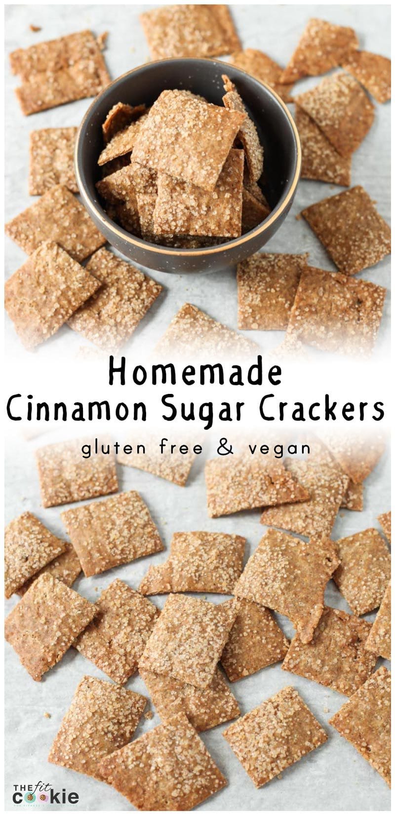 image collage of gluten free cinnamon sugar crackers in a gray bowl