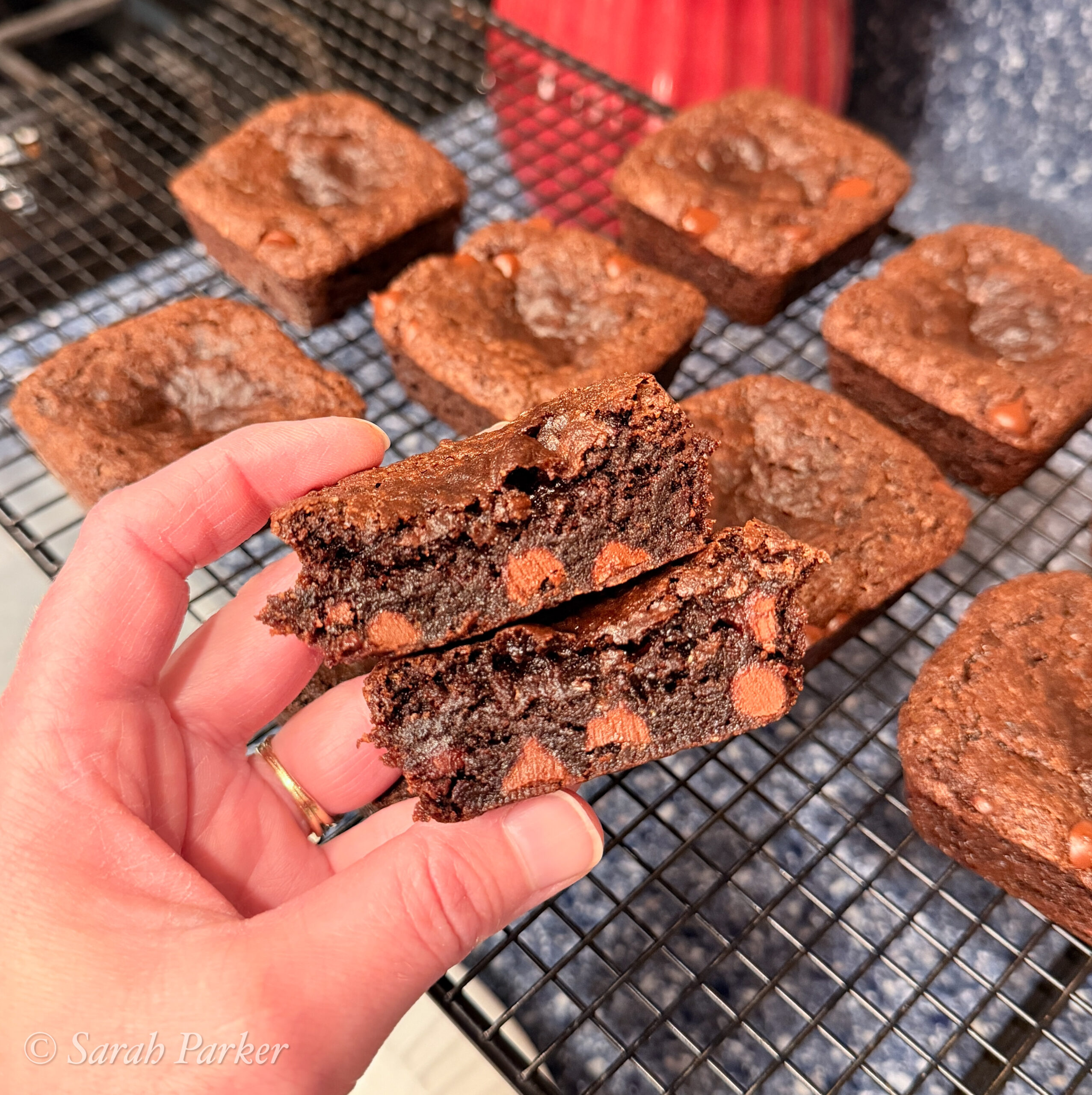 A hand holds two stacked Fudge Brownies, rich with chocolate chips, in front of a cooling rack lined with more brownies in the background.