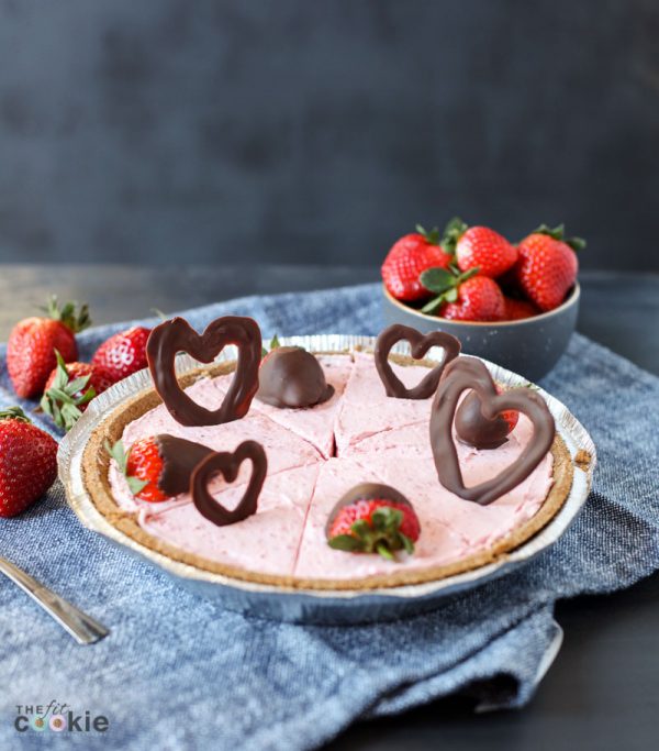 dairy free strawberry cheesecake topped with chocolate hearts